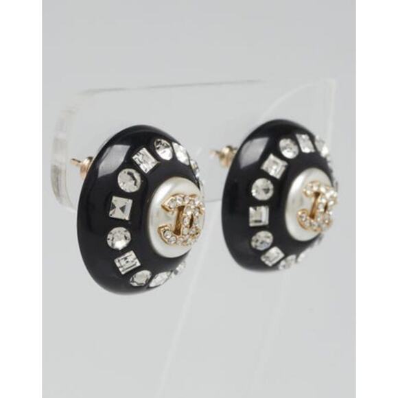Chanel Black Resin Faux Pearl Crystal CC Stud Earrings - Picture 6 of 14